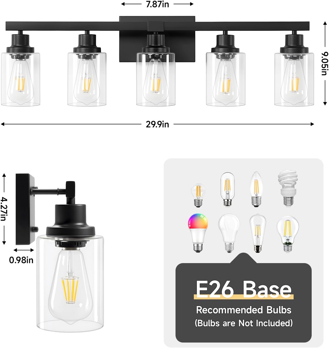 Detalle de DIKAIDA 5-Light Black Bathroom Vanity Light with Clear Glass Shades