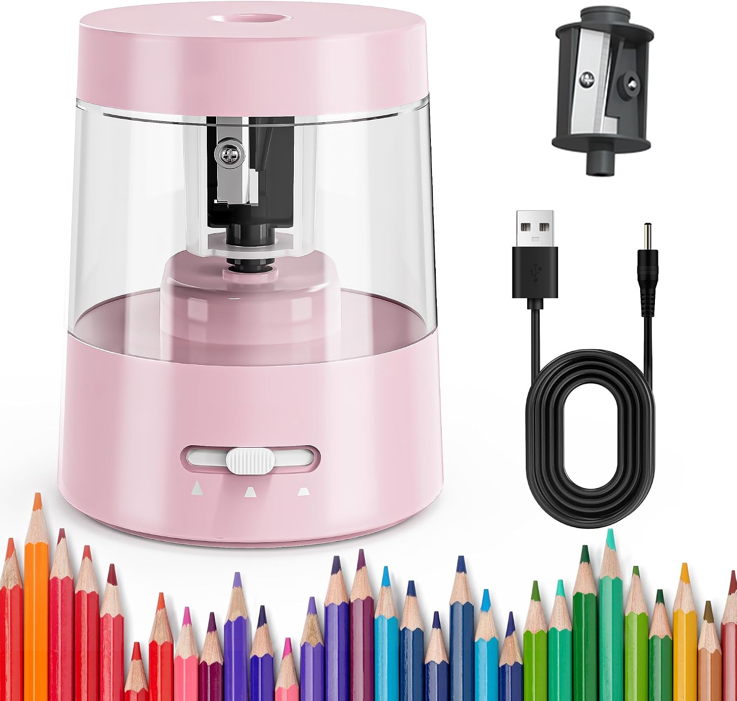 ZMOL Electric Pencil Sharpener for Colored Pencils (Pink) – Auto Stop, 6–8mm No.2, Battery or USB-powered