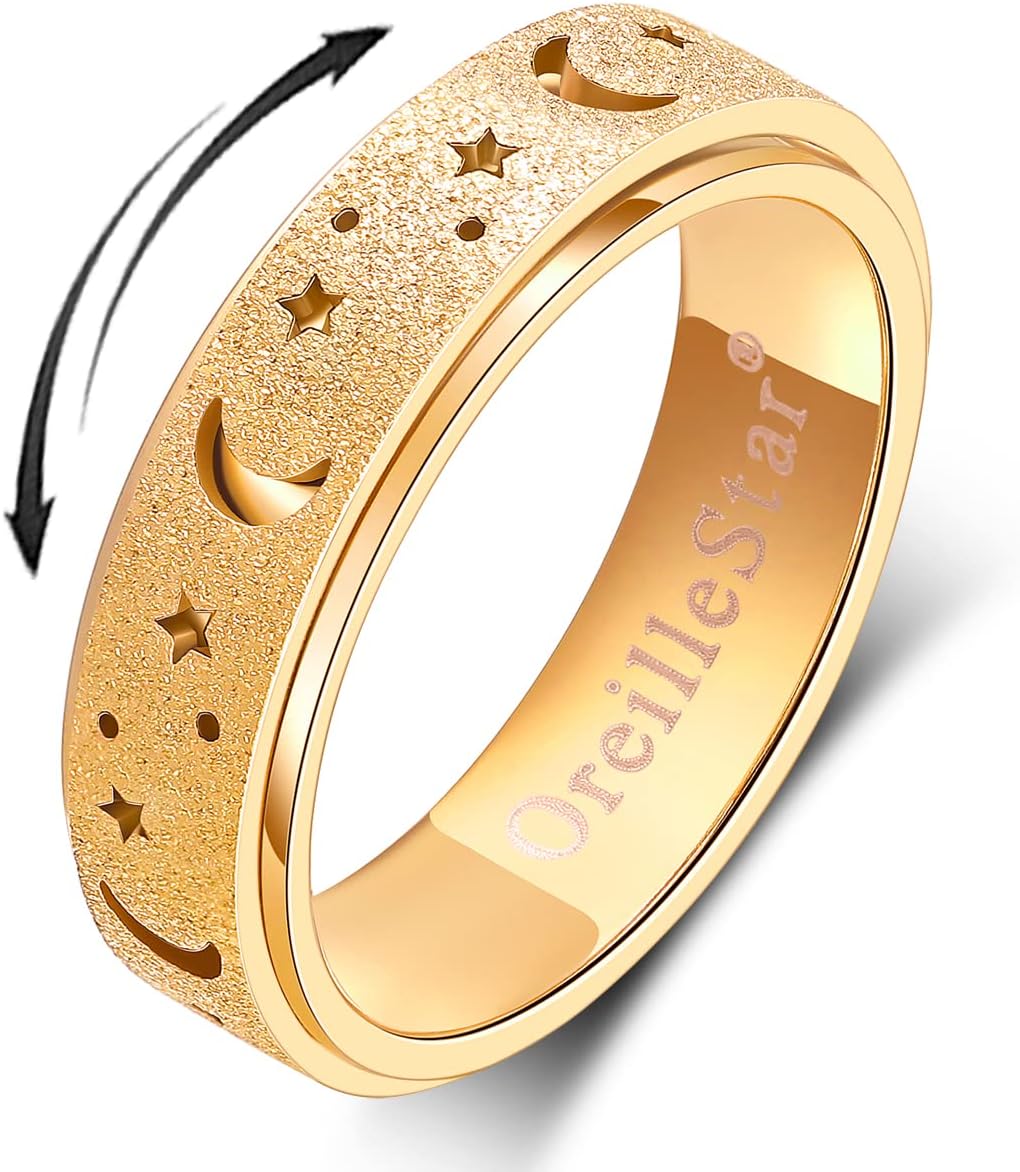 OreilleStar Anxiety Ring Spinner Fidget Thumb Ring – Moon & Star, Gold Stainless Steel