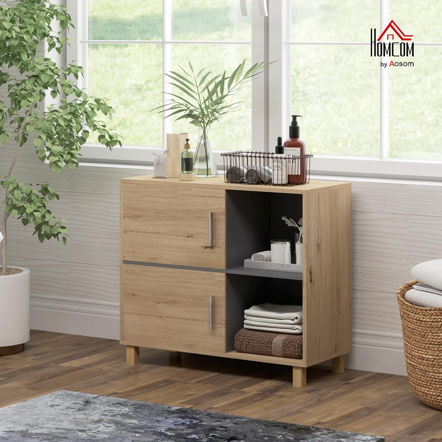 Thumbnail 1 de HOMCOM Meuble de Salle de Bain – rangement 80 x 35 x 70 cm avec placard et compartiments ouverts