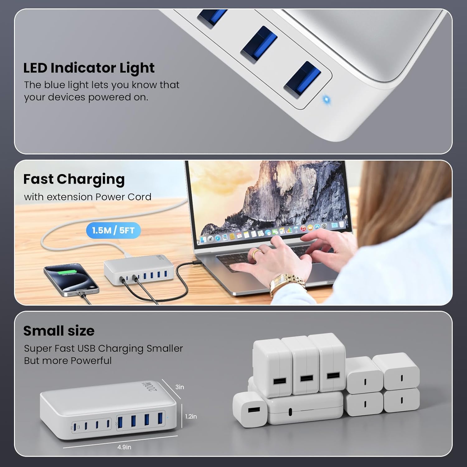 Thumbnail 6 de 200W USB-C Fast Charger Block (8-Port) with GaN III – 65W USB-C Laptop Charging Station Hub (White)