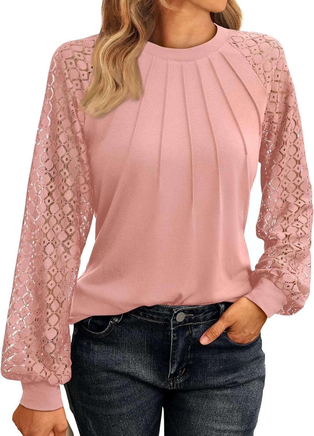 Detalle 2 de Pawate Damen Langarmshirt mit Spitze – Businessbluse, Tunika-Look & Herbst-Outfits