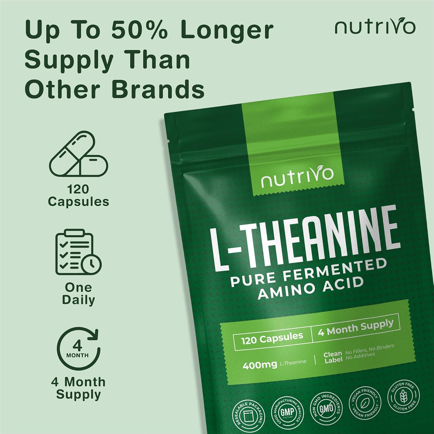 Detalle de Nutrivo L Theanine 400mg | 120 Vegan Capsules – UK Made 4-Month Supply