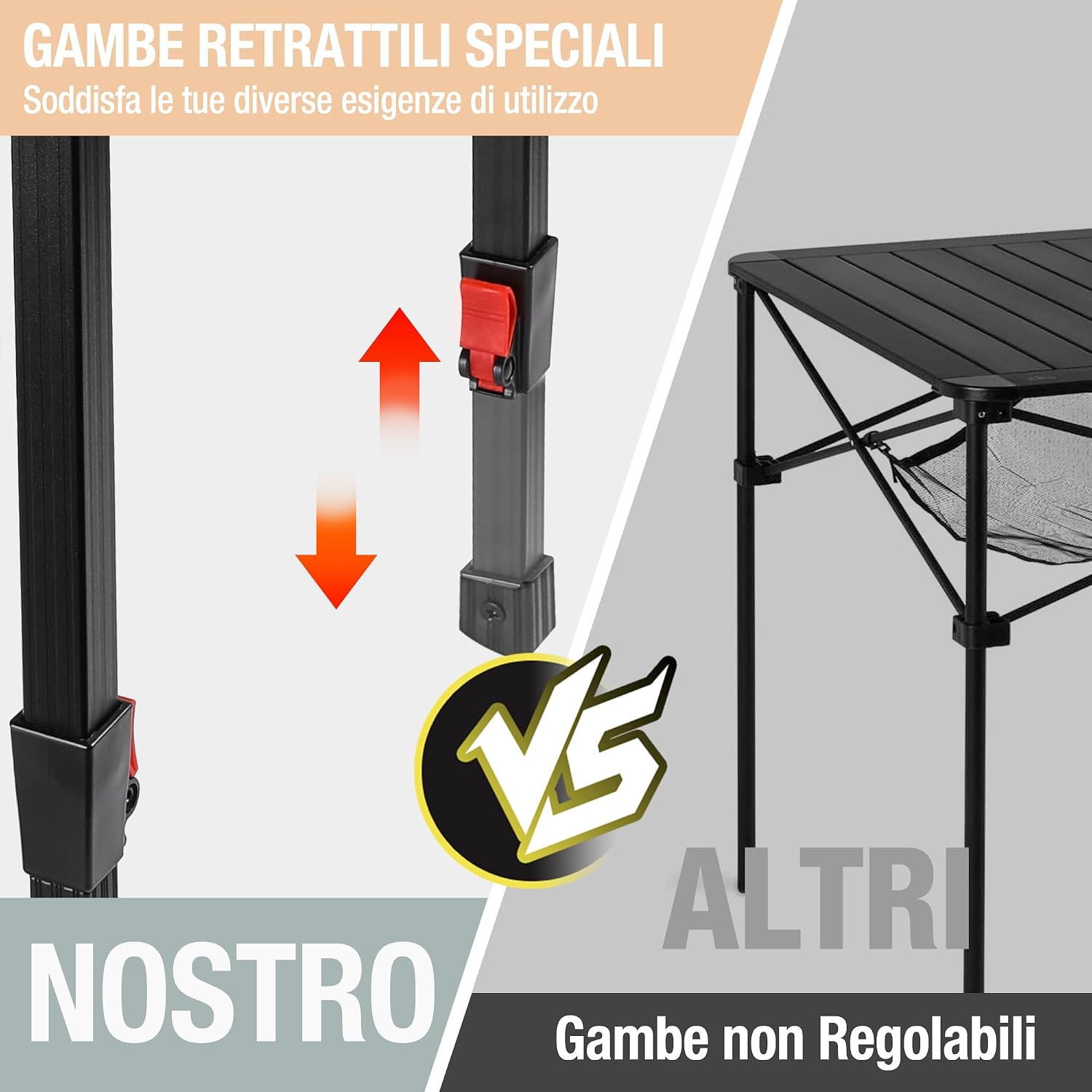 Detalle de VILLEY Tavolo Pieghevole Campeggio in Alluminio con Borsa, Altezza Regolabile 70x70x78 cm – Oro