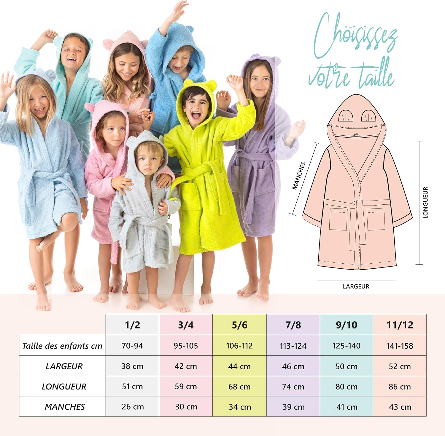 Detalle de LEBENGOOD peignoir de bain enfant en 100% coton OEKO-TEX®, avec capuche à oreilles (11-12 ans, Perla)