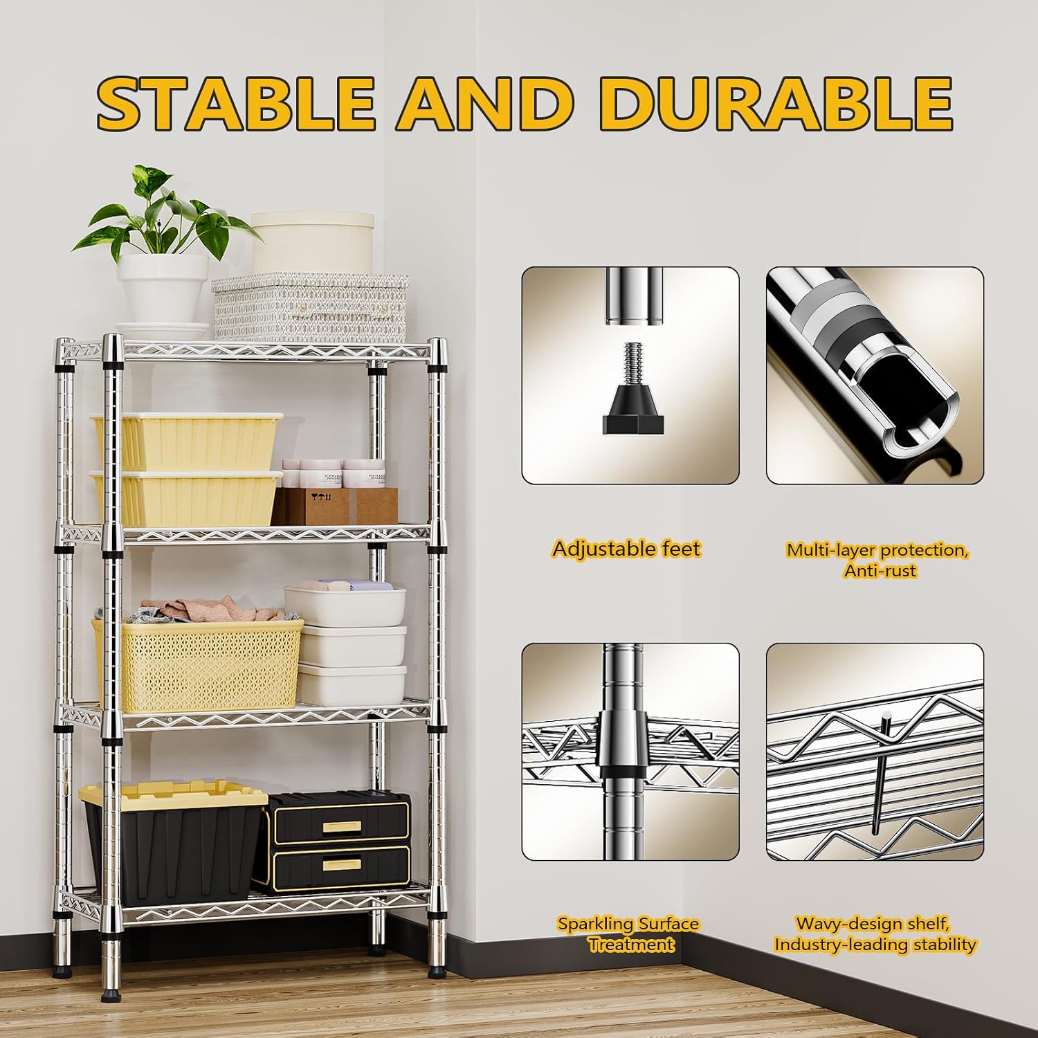 Detalle de M MZG 4-Tier Metal Wire Storage Shelf, Adjustable Carbon Steel, 25.6" W