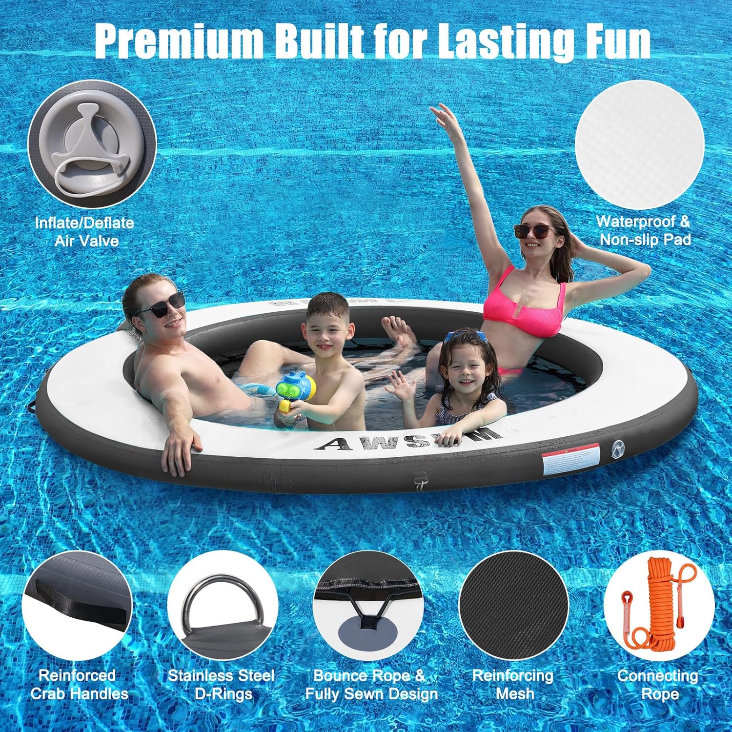 Thumbnail 4 de AWSUM Inflatable Water Hammock Round Floating Ring - 8ft Island for Lakes, Pools, and Rivers