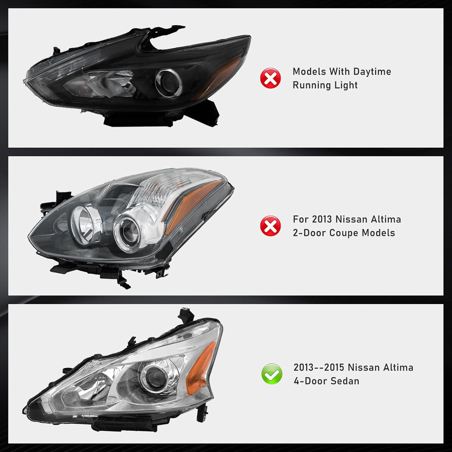 Thumbnail 5 de ADCARLIGHTS Headlight Assembly Replacement Pair for 2013-2015 Nissan Altima (Clear Lens, Chrome Housing, Amber Reflector) w/o Bulbs