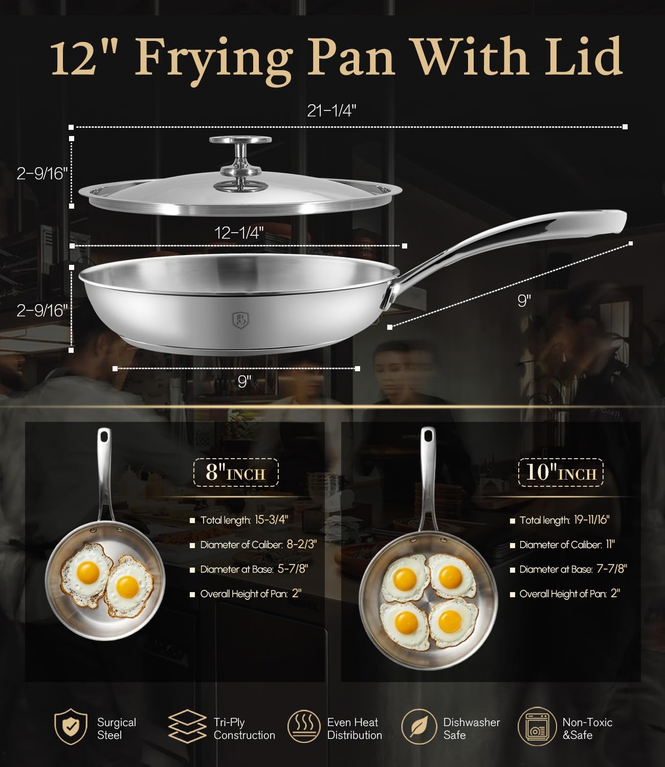 Detalle de Lebof 12 Inch Stainless Steel Pan with Lid (5-Ply Clad Base) — 800℉ Safe Frying Pan for Induction, Gas, Electric & Oven