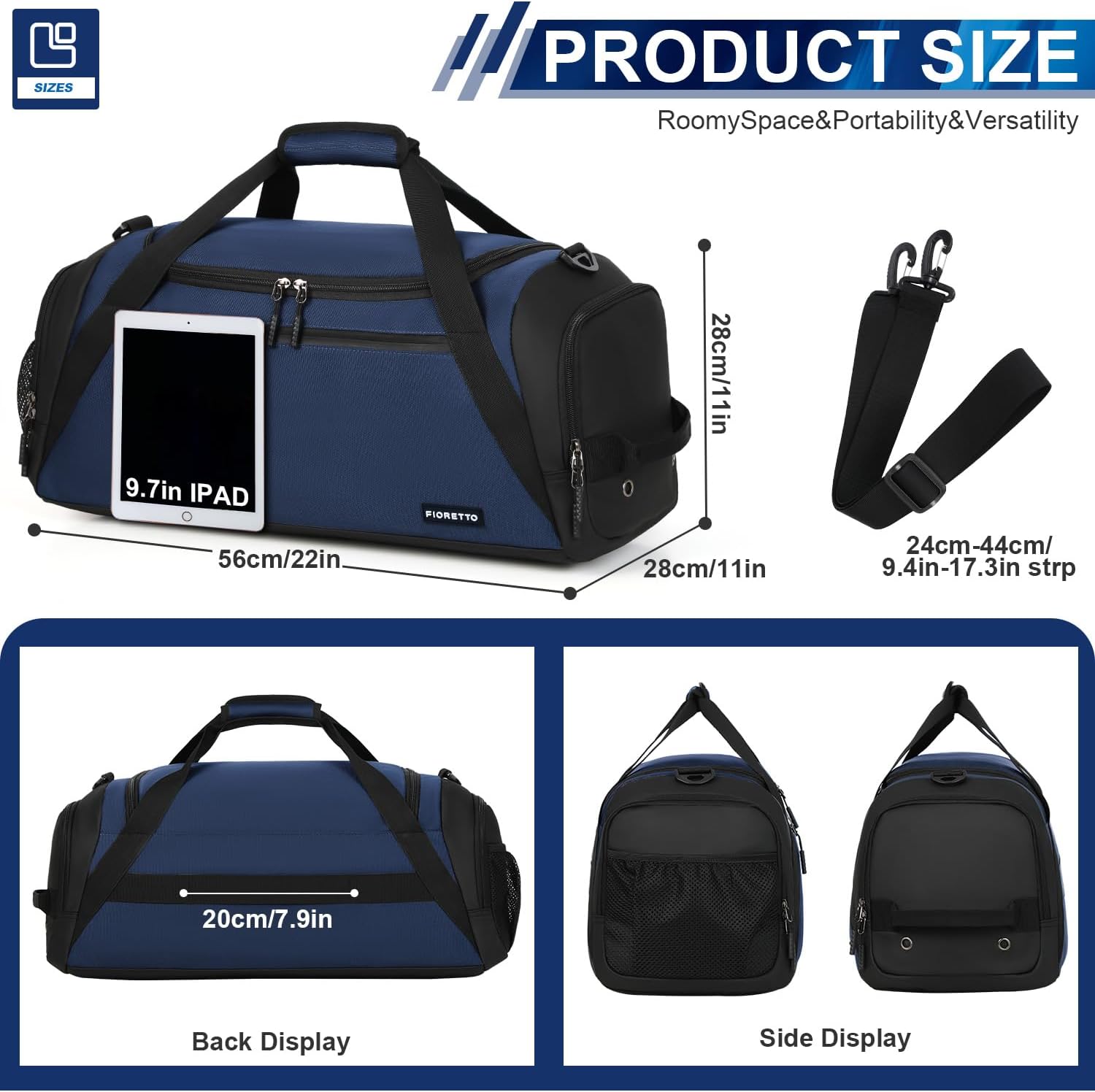 Detalle de FIORETTO Mens Sports Gym Bag with Wet Pocket & Shoe Compartment – a practical travel duffle with flexible carry options