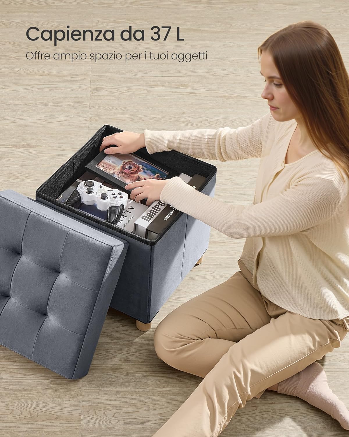 Thumbnail 5 de SONGMICS Pouf Contenitore 38x38x40 cm, Cassapanca Pieghevole in velluto grigio ardesia (LSF0516G01)