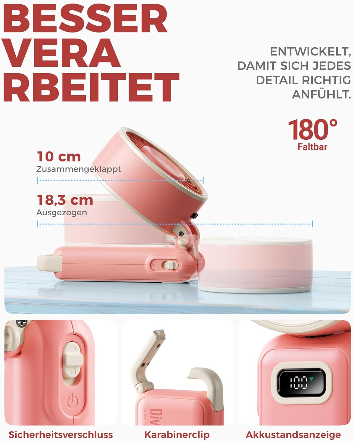 Thumbnail 6 de Diveblues Handventilator – Tragbarer Turbo-Ventilator mit 100 Stufen, 7,4 m/s Luftstrom und 180° Klappdesign