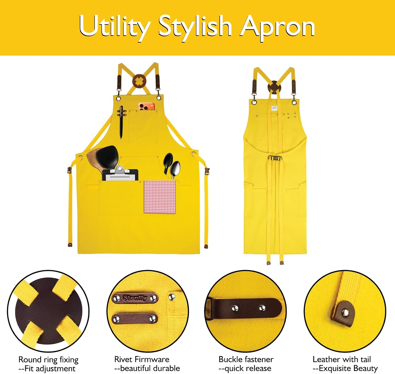 Thumbnail 2 de Stenffy Kitchen Apron: Cotton Canvas, Adjustable Cross Back, Universal Size
