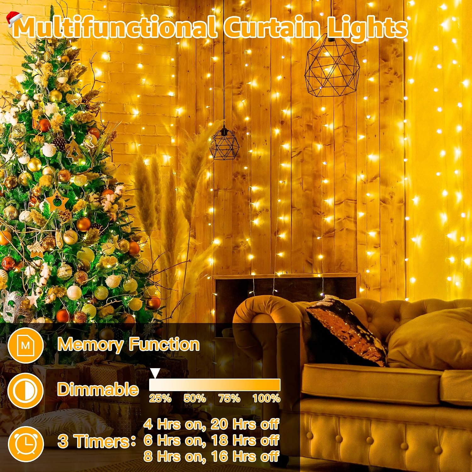Detalle de Ollny Curtain Fairy Lights, 300LED 3m x 3m Waterfall Hanging String Lights