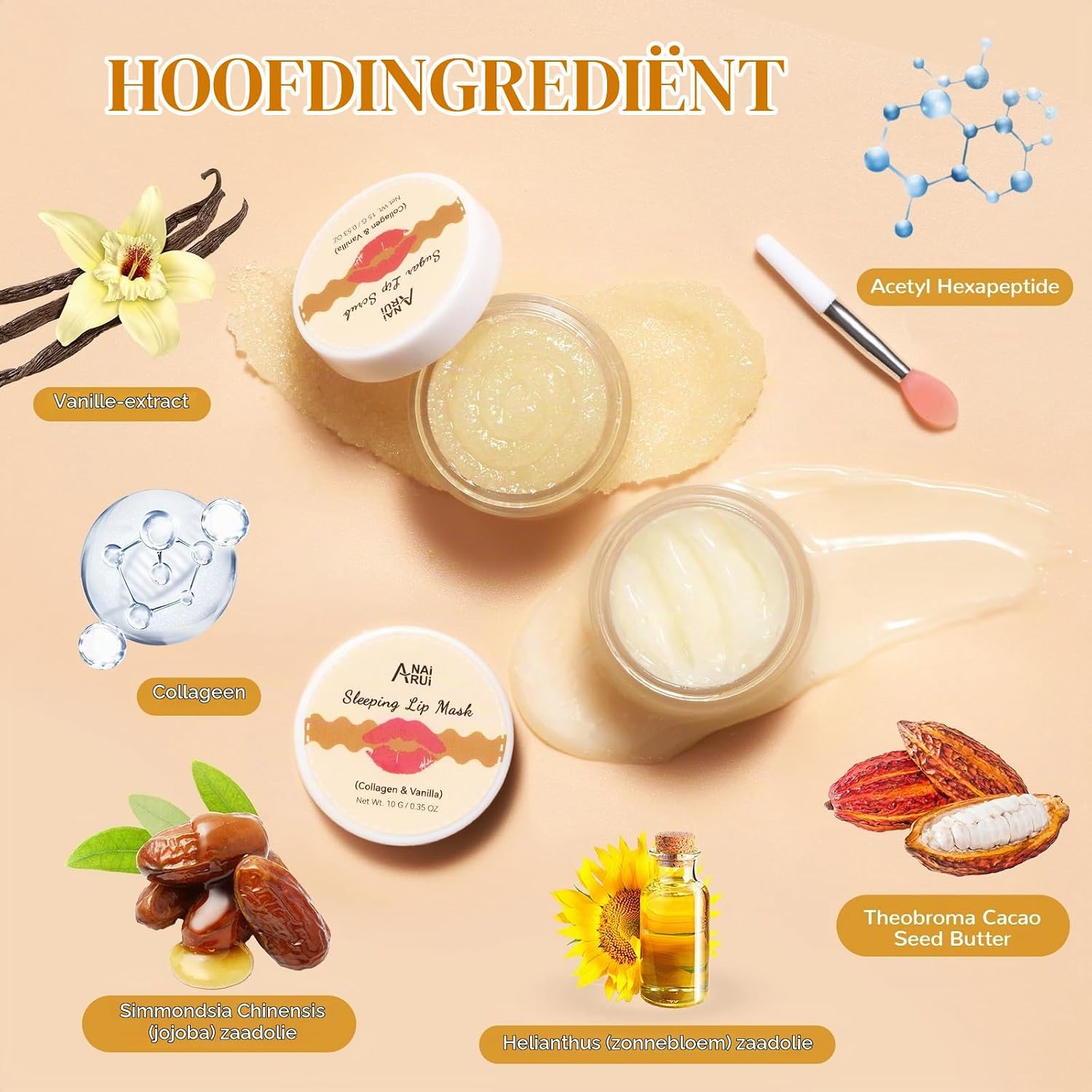 Detalle 2 de ANAI RUI lipverzorgingsset met suikerscrub en slaapmasker, vanille & collageen