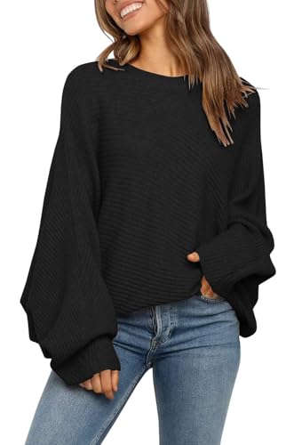 Detalle de Fessceruna Damen-Oversize-Strickpullover mit Fledermausärmeln, Rundhals und Rippstruktur, Schwarz, L