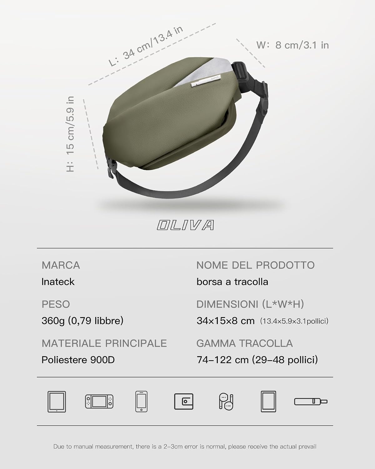 Detalle 2 de Inateck Sling Bag X – borsa a tracolla multiuso resistente agli spruzzi, 34 x 15 x 8 cm
