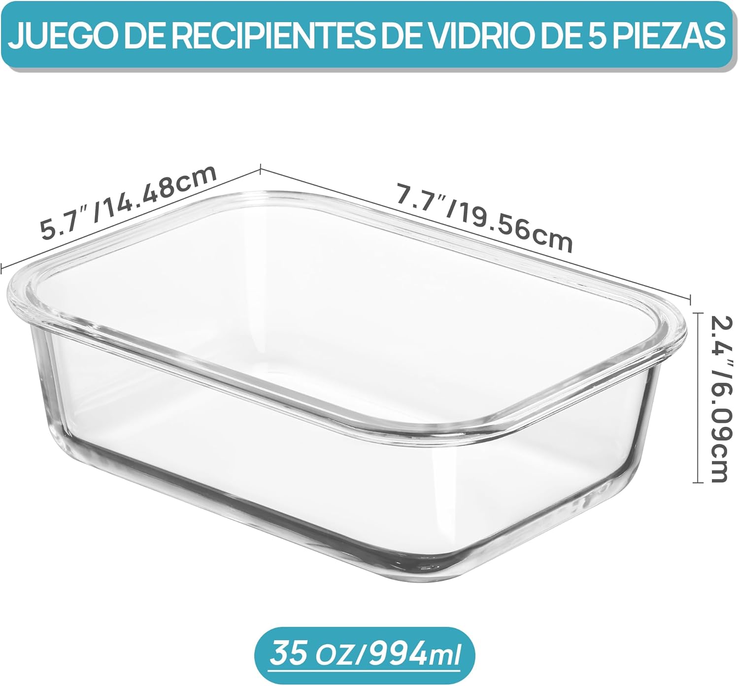 Detalle de Vtopmart Lot de 5 Lunch Box Verre 1035 ml – boîtes hermétiques et réutilisables, compatibles four, micro-ondes, congélateur et lave-vaisselle
