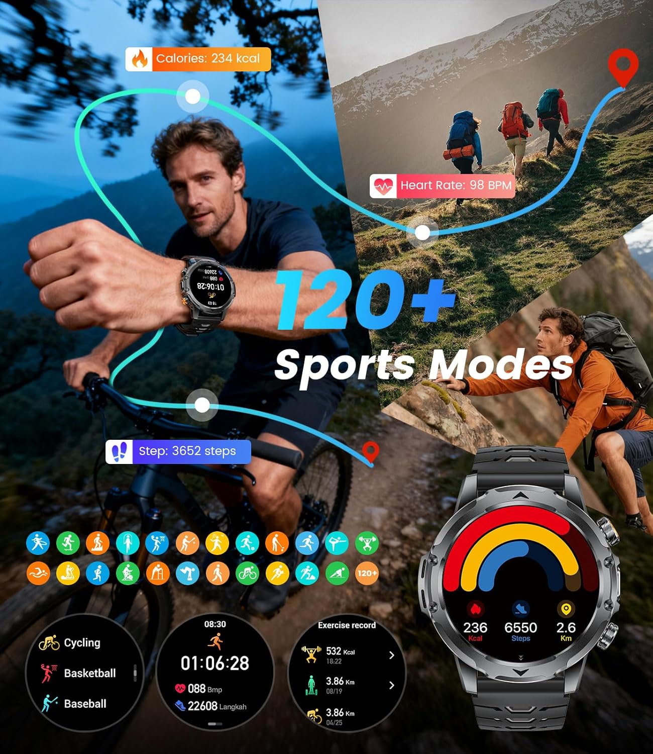 Thumbnail 5 de FitVigor EF23 Military Smart Watch for Men – 1.53" Display, 120+ Sports Modes, 1000mAh Battery, Bluetooth Calling