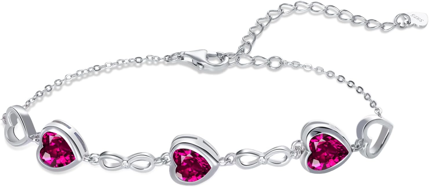 Thumbnail 6 de Qings 3 Heart Birthstone Bracelet for Women – Sterling Silver 925, Infinity Symbol, Adjustable 16+5 cm