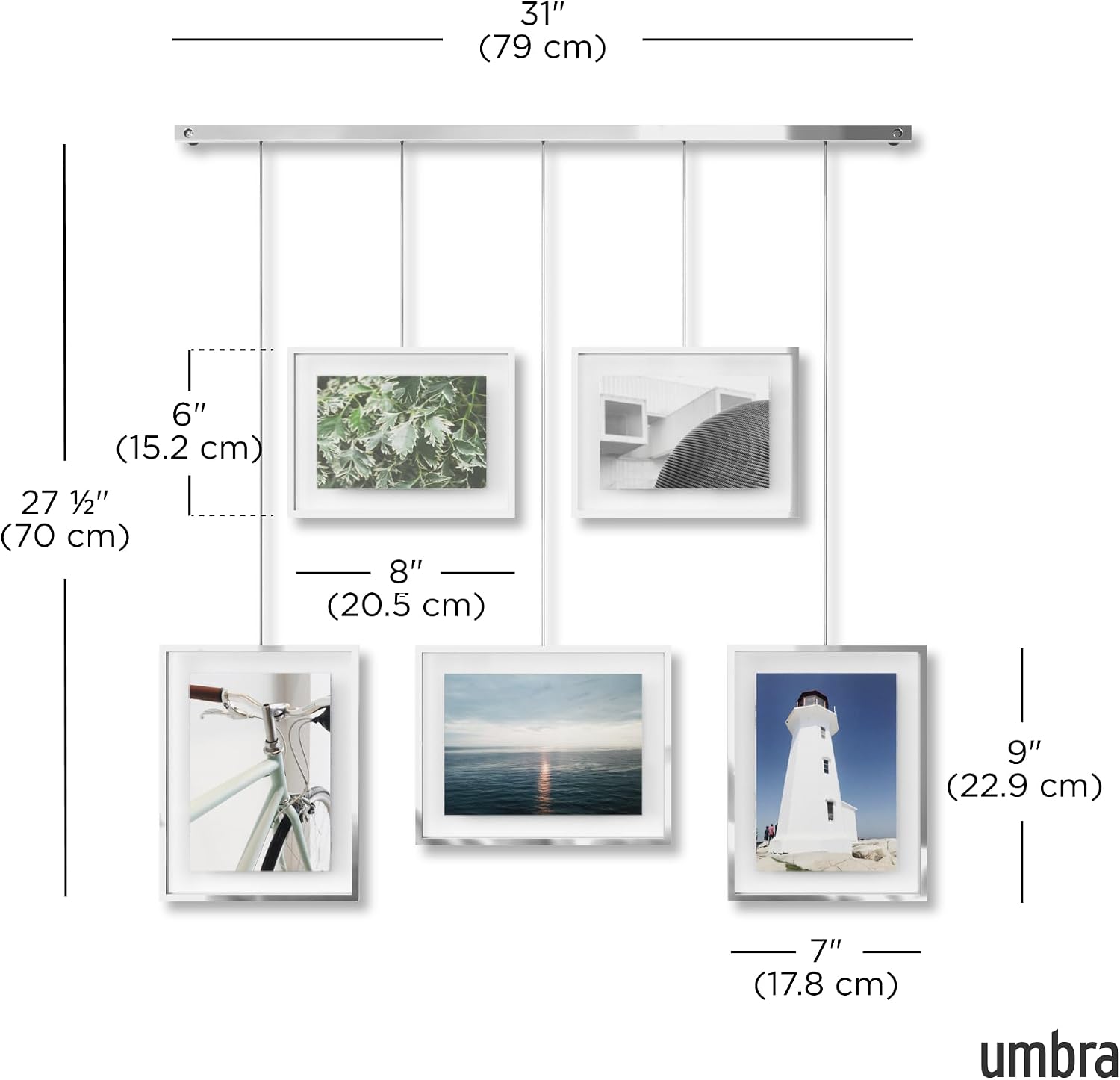 Detalle de Umbra Exhibit fotolijstenset, verstelbaar, chroomkleurig metaal, vijf lijsten