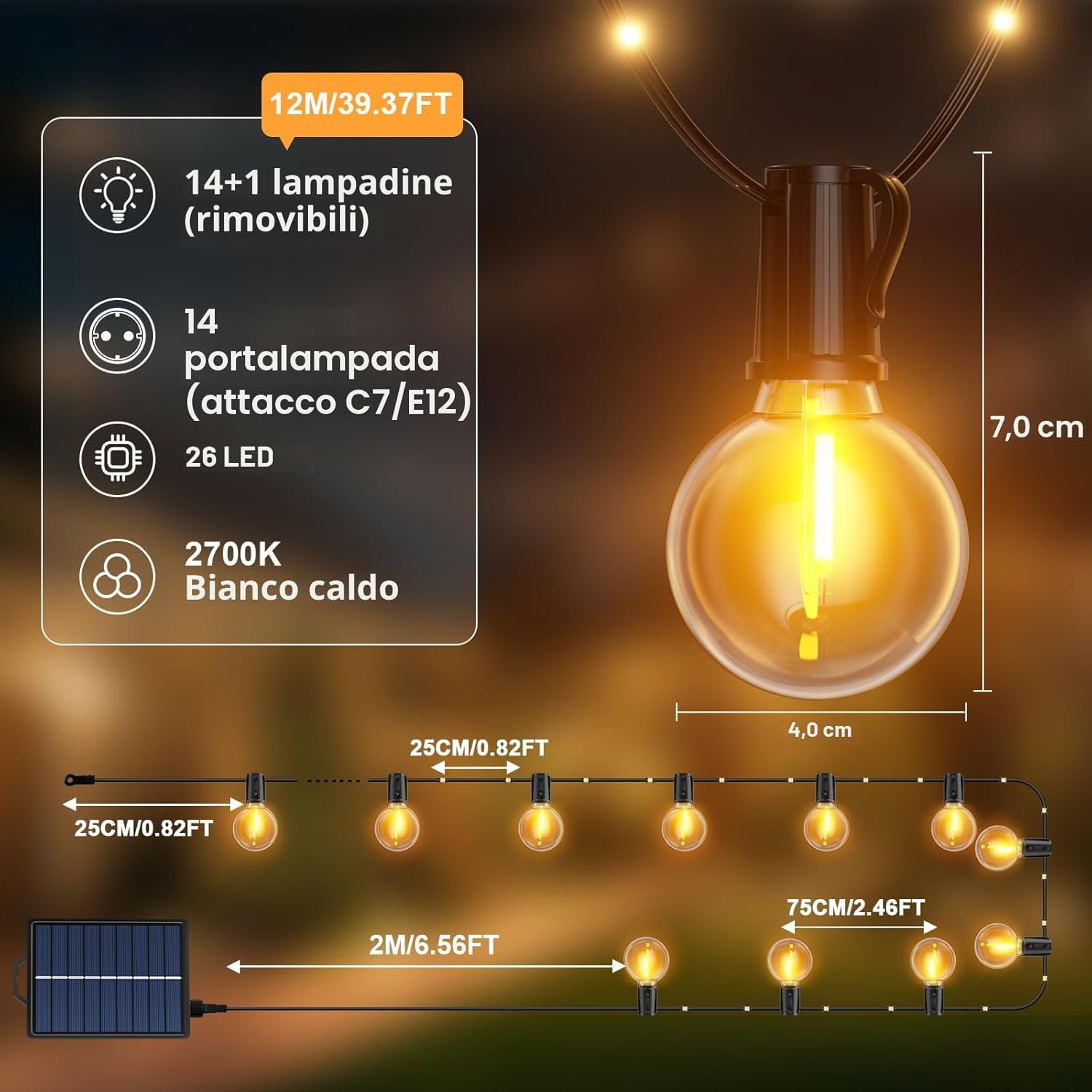 Thumbnail 6 de Catena Luminosa Solare per Esterno 12 M - 14+1 G40 LED, 19 Modalità, IP44, USB, Telecomando