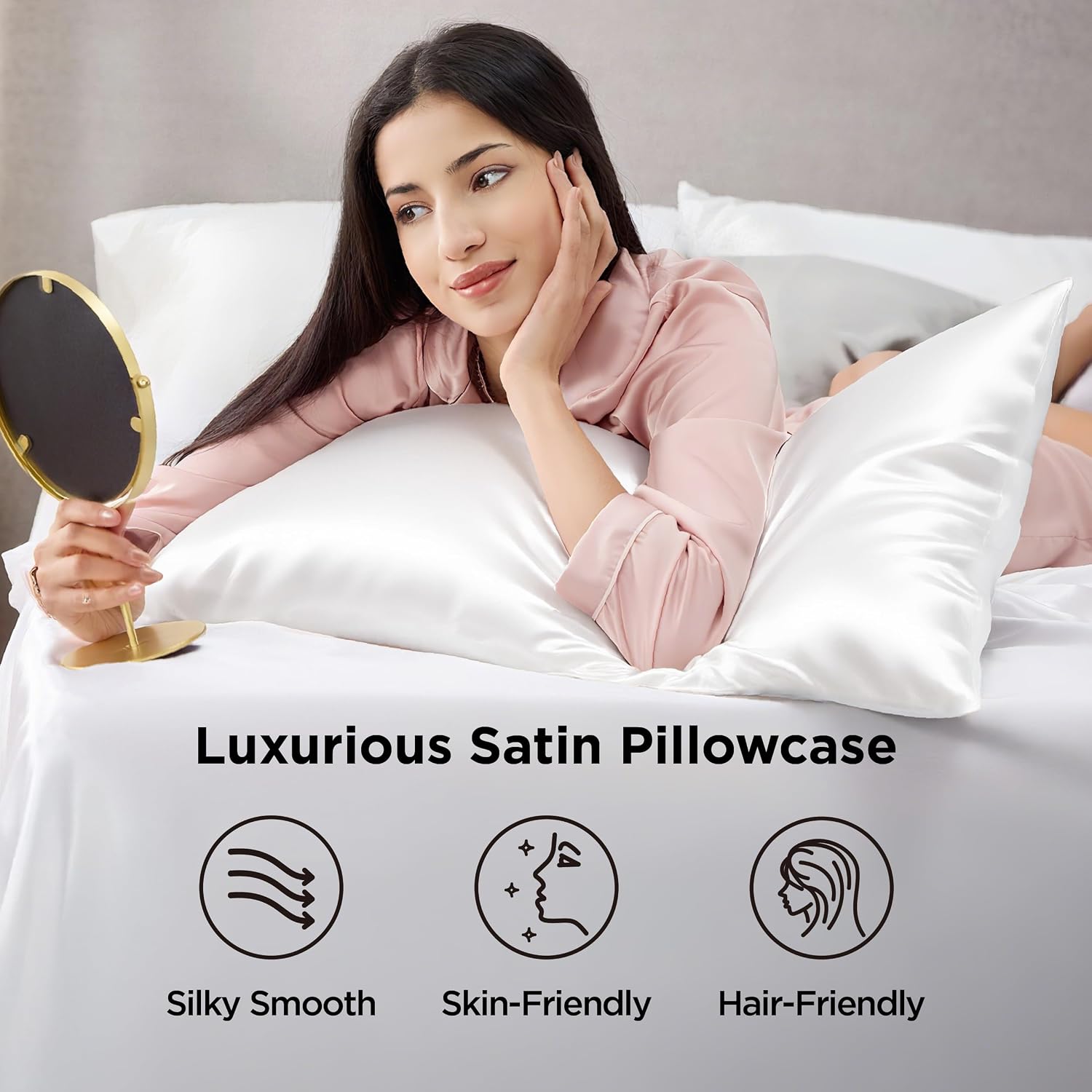Detalle de Bedsure Queen Satin Pillowcases, Set of 2, White, 20" x 30", Envelope Closure