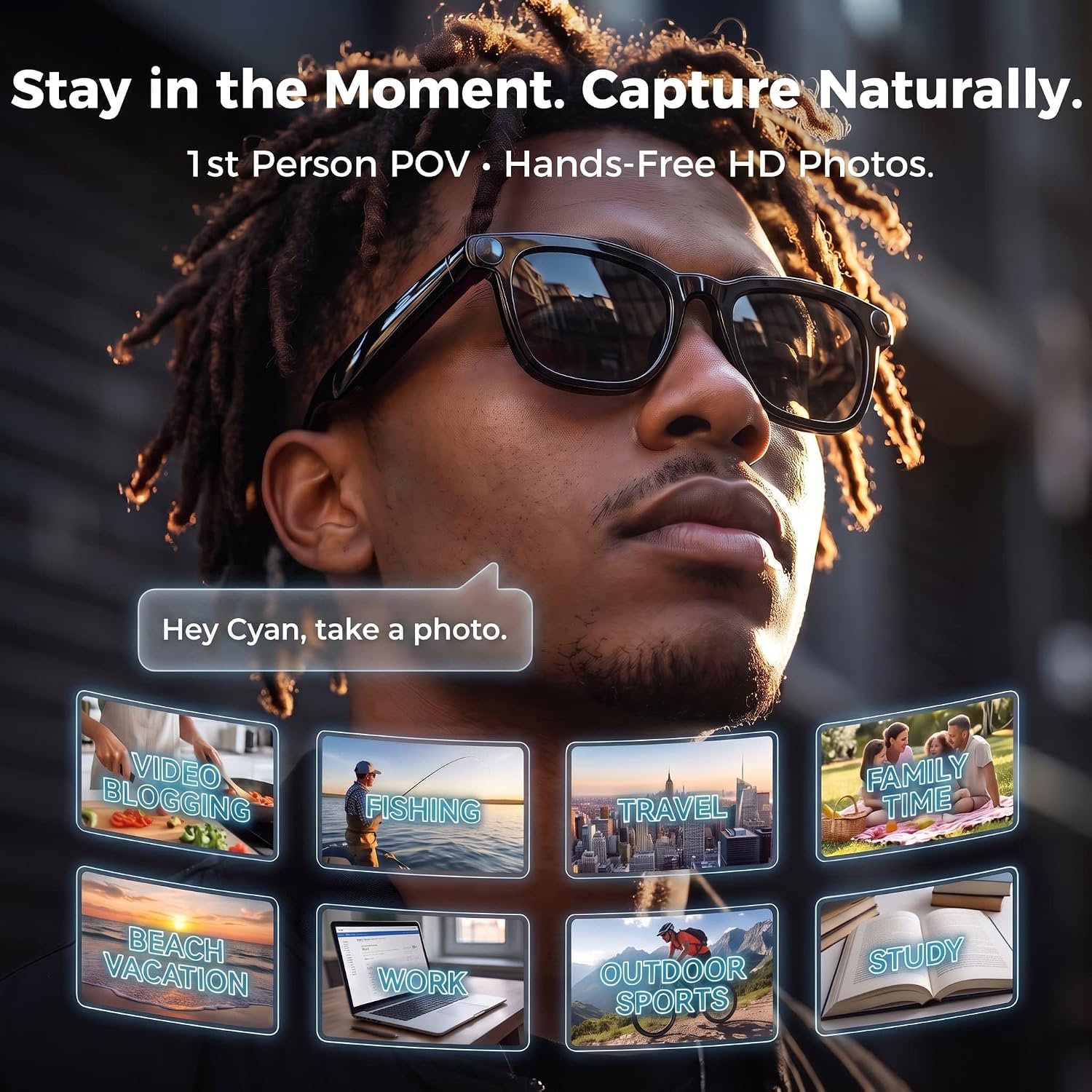 Detalle de EarlySincere Smart Glasses with 8MP 4K POV Camera, Bluetooth Audio, AI Translation & Meeting Transcriber