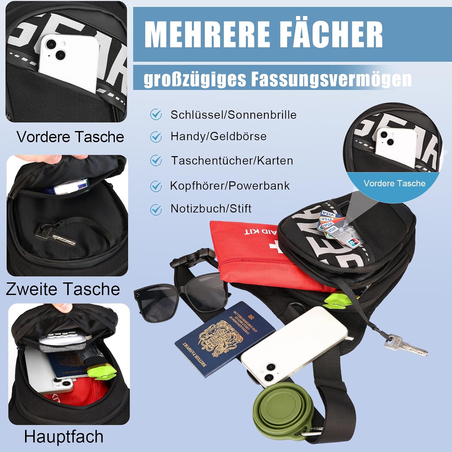 Thumbnail 4 de Eshow Beintasche Motorrad – Erweiterbare Oberschenkeltasche, verstellbarer Beinriemen, Reflexstreifen, 3 Taschen, Schwarz