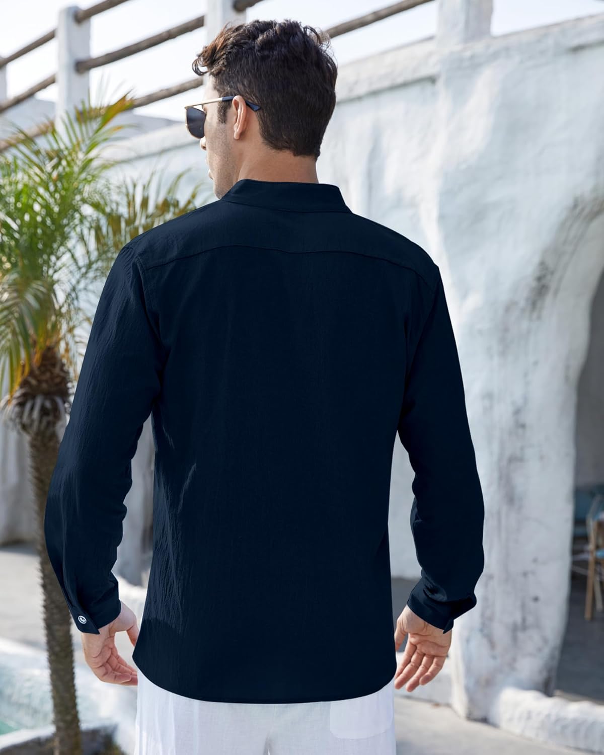 Detalle de NANAMEEI Chemise en Lin pour Homme à Manches Longues – Style décontracté et col Mao