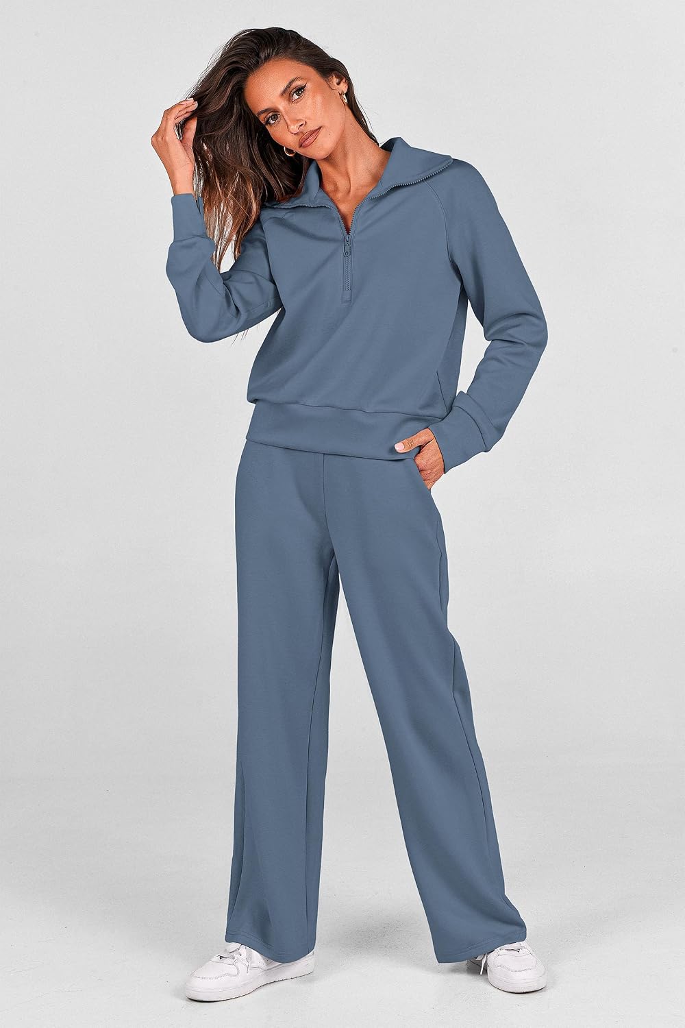 Detalle de PRETTYGARDEN Women’s 2-Piece Casual Tracksuit Set (Half-Zip Sweatshirt + Wide-Leg Pants)