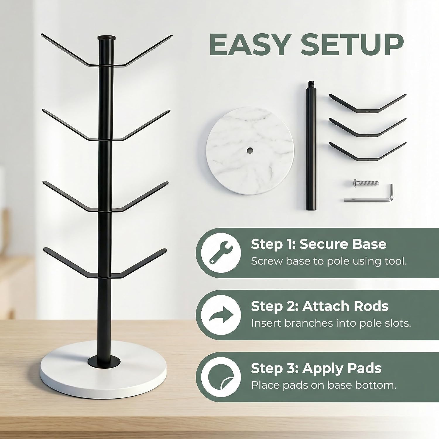 Detalle de Vurixfo Marble Mug Tree Stand: 8-Hook, Stable Marble Base, Adjustable Stainless Steel Holder