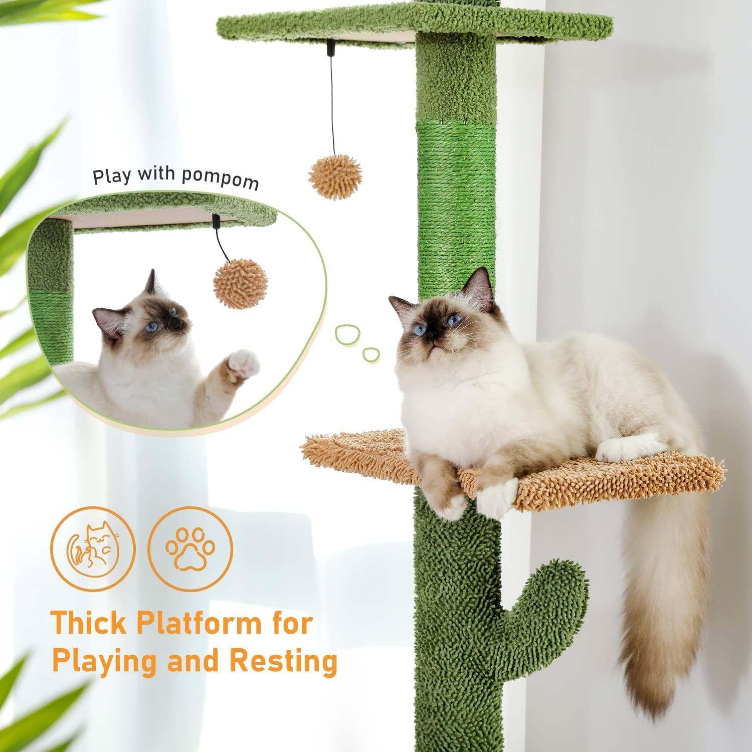 Thumbnail 4 de PAWZ Road Cactus Cat Tree Floor to Ceiling Tower (239-275cm) – 5-Tier Activity Centre with Hammock and Scratching Post