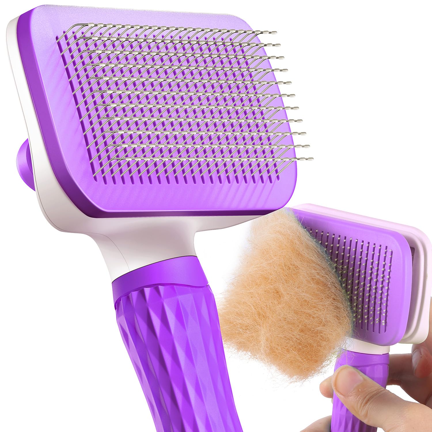 Detalle de ACE2ACE Haustier-Bürste für Hund und Katze (Langhaar & Kurzhaar) mit One-Touch-Reinigung, Violett