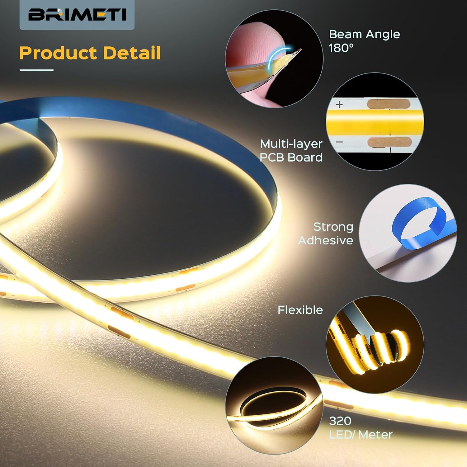 Detalle de BRIMETI 1M COB-ledstrip, USB 5 V, 6000 K en dimbaar