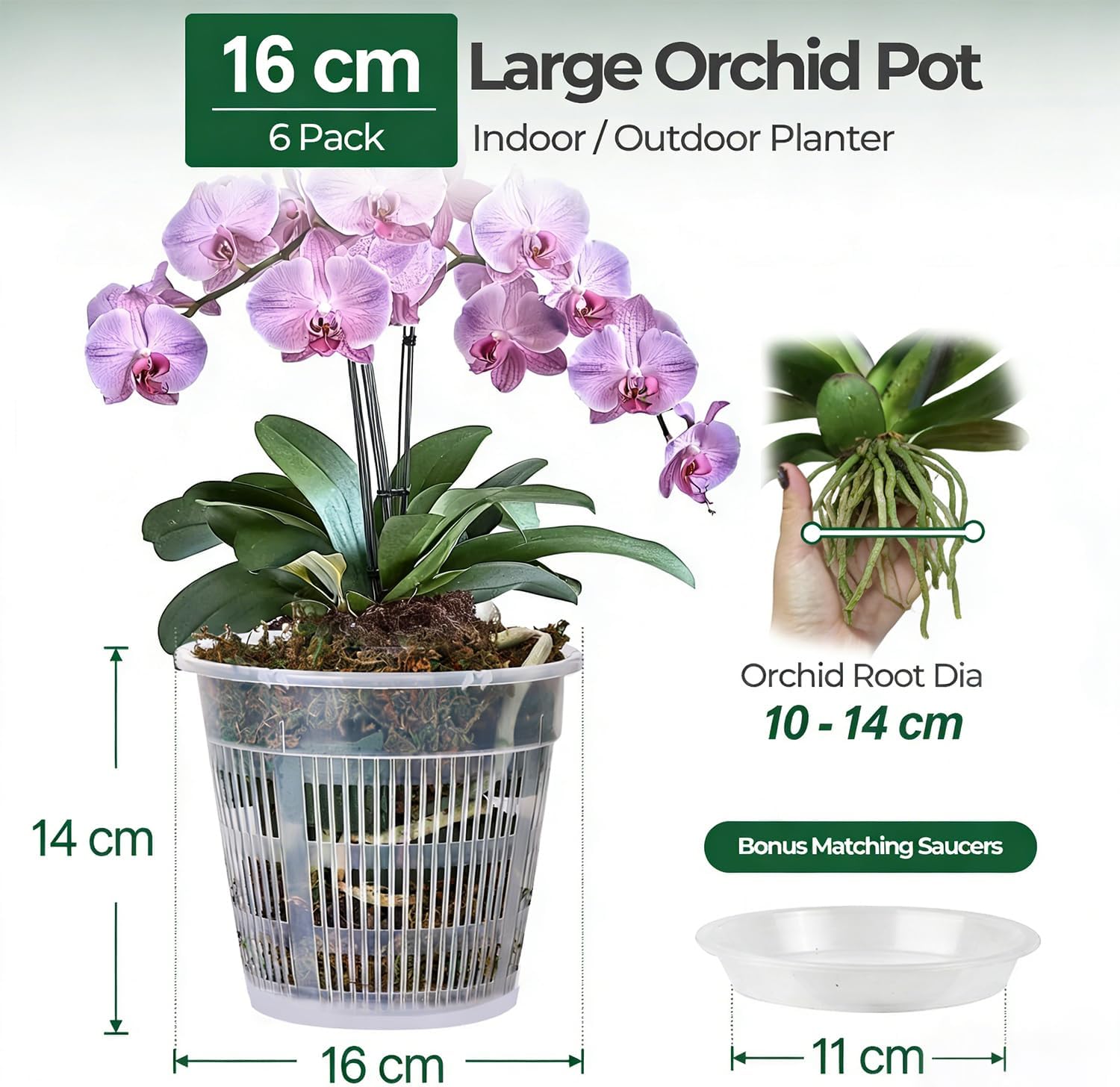 Thumbnail 1 de T4U Orchid Pot 6-Pack (16cm) with Holes and Matching Saucers for Indoor/Outdoor Repotting