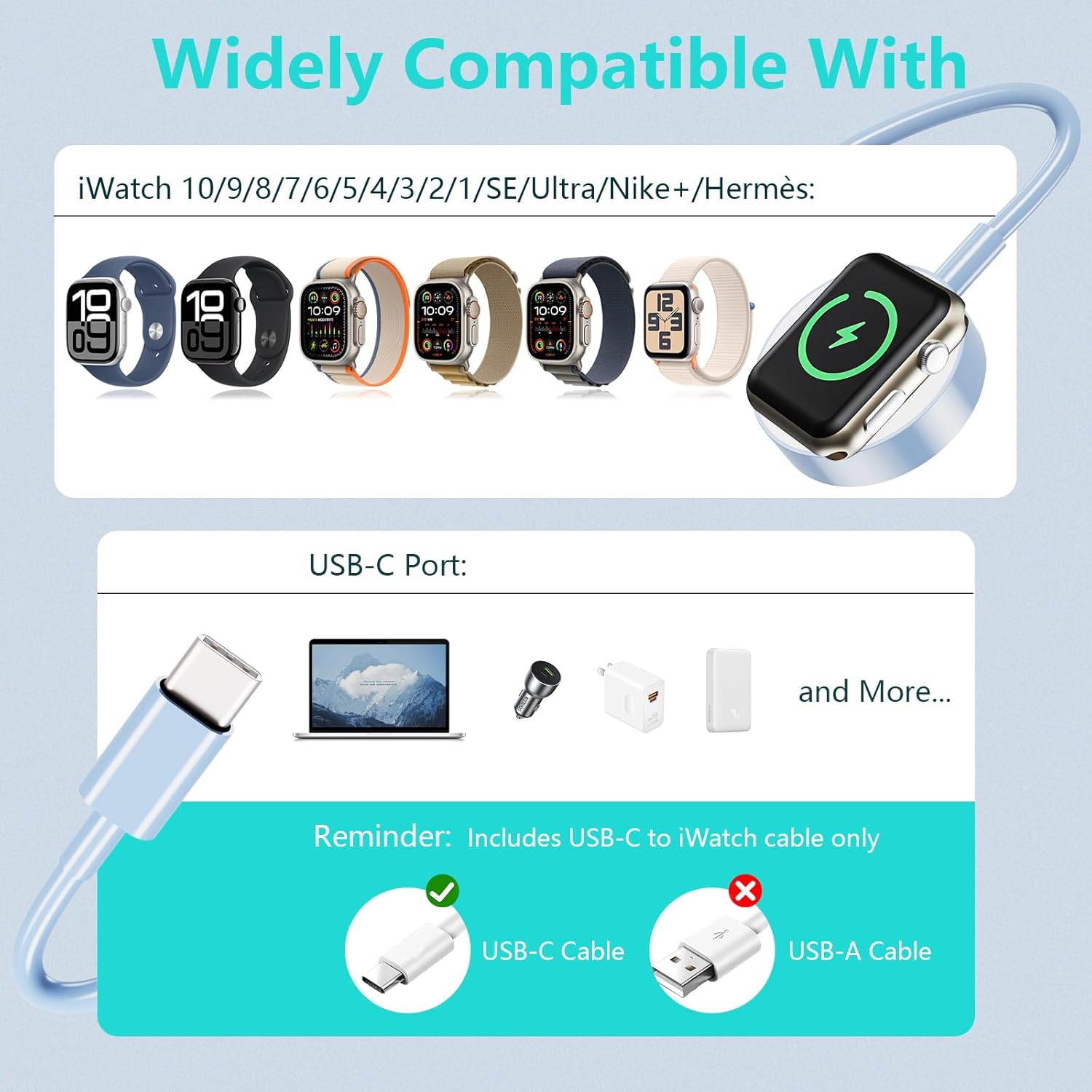 Thumbnail 1 de Upgraded 2 Pack for Apple Watch Charger USB C Cable – Magnetic, MFi Certified, 100cm (Blue)