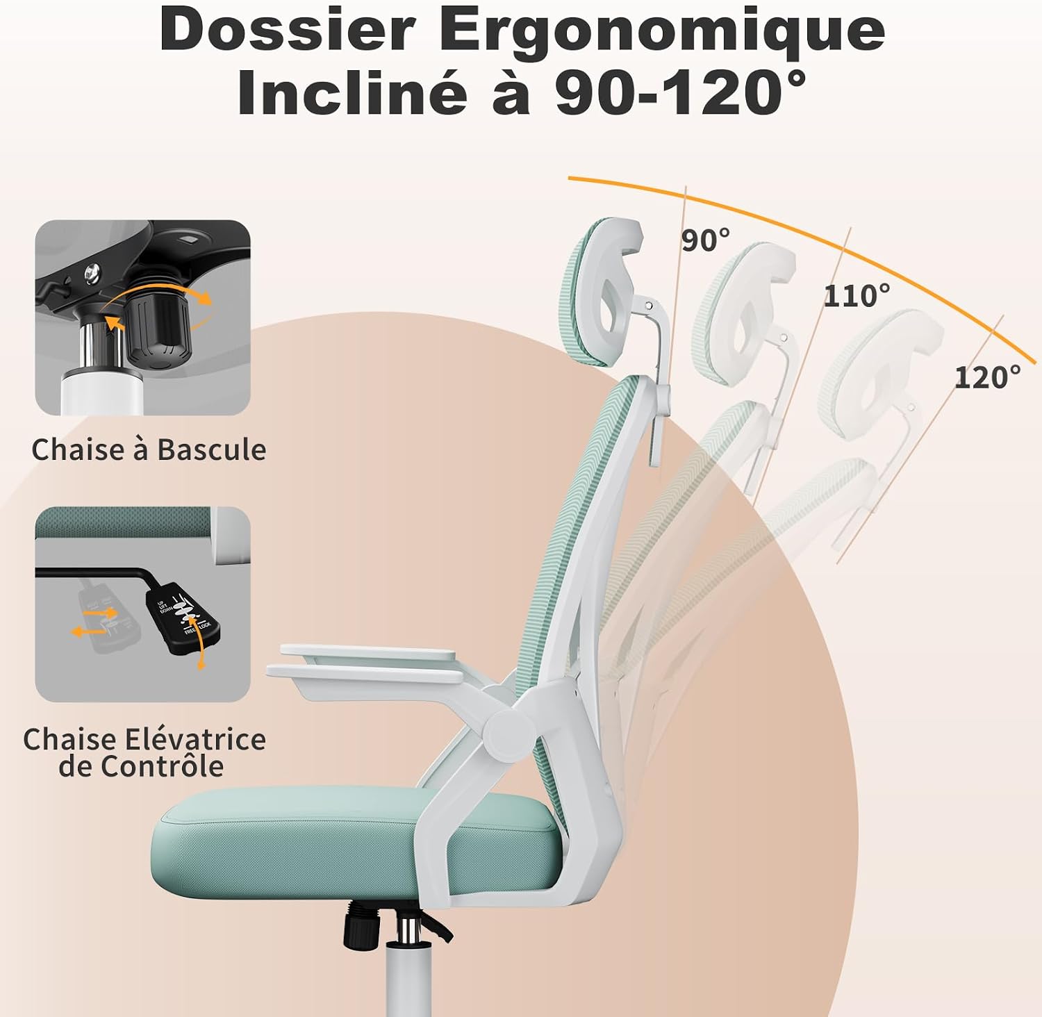 Thumbnail 2 de naspaluro Chaise de bureau ergonomique à accoudoirs rabattables, appui-tête réversible et dossier soutien lombaire