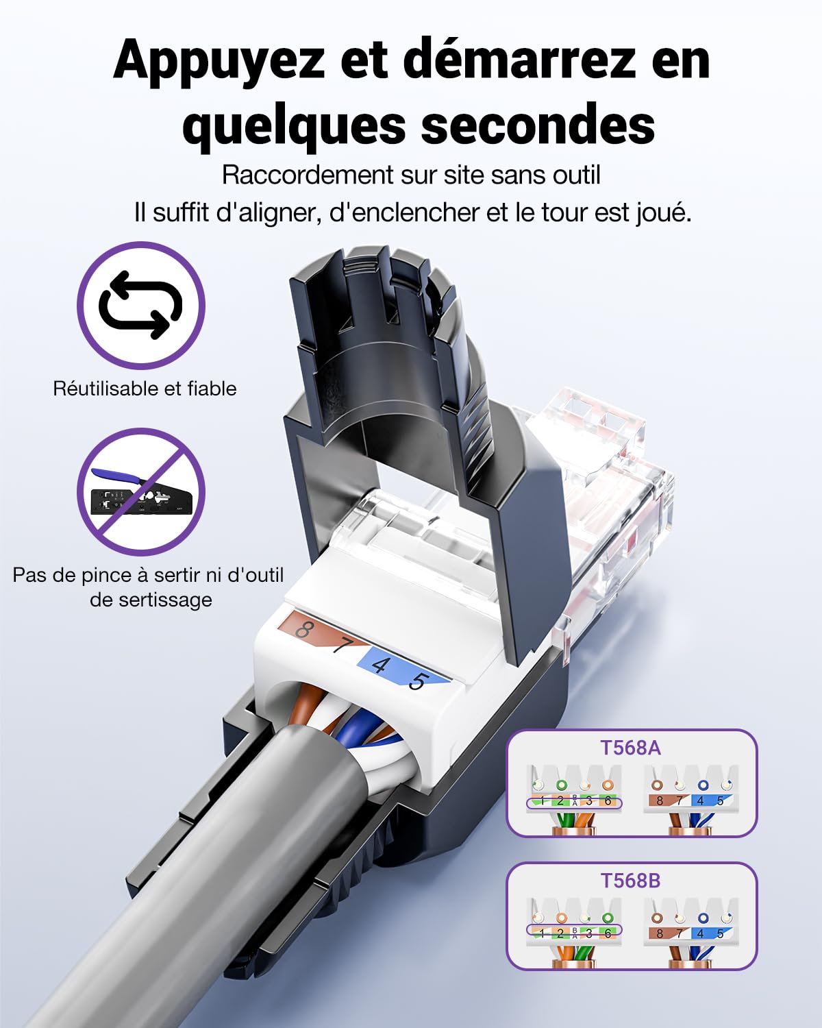 Detalle 2 de VCELINK Connecteur RJ45 Cat6A Sans Outil LSA – Lot de 2, 10 Gbps, PoE, plaque or