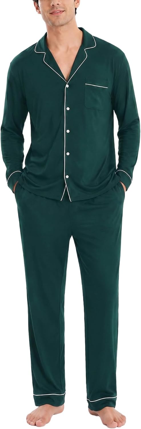Detalle de SWOMOG Men's Modal Pajama Set with Button-Down Top and Pocketed Pants