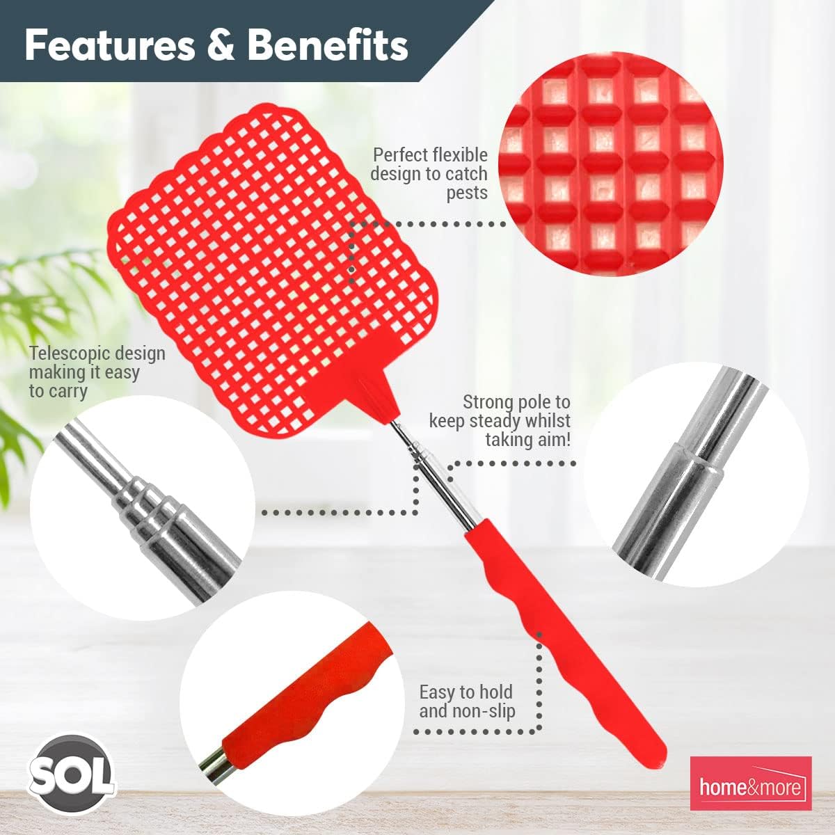 Detalle de SOL 4pk Long Fly Swatter 45cm: Heavy Duty Swats for Flying Pests