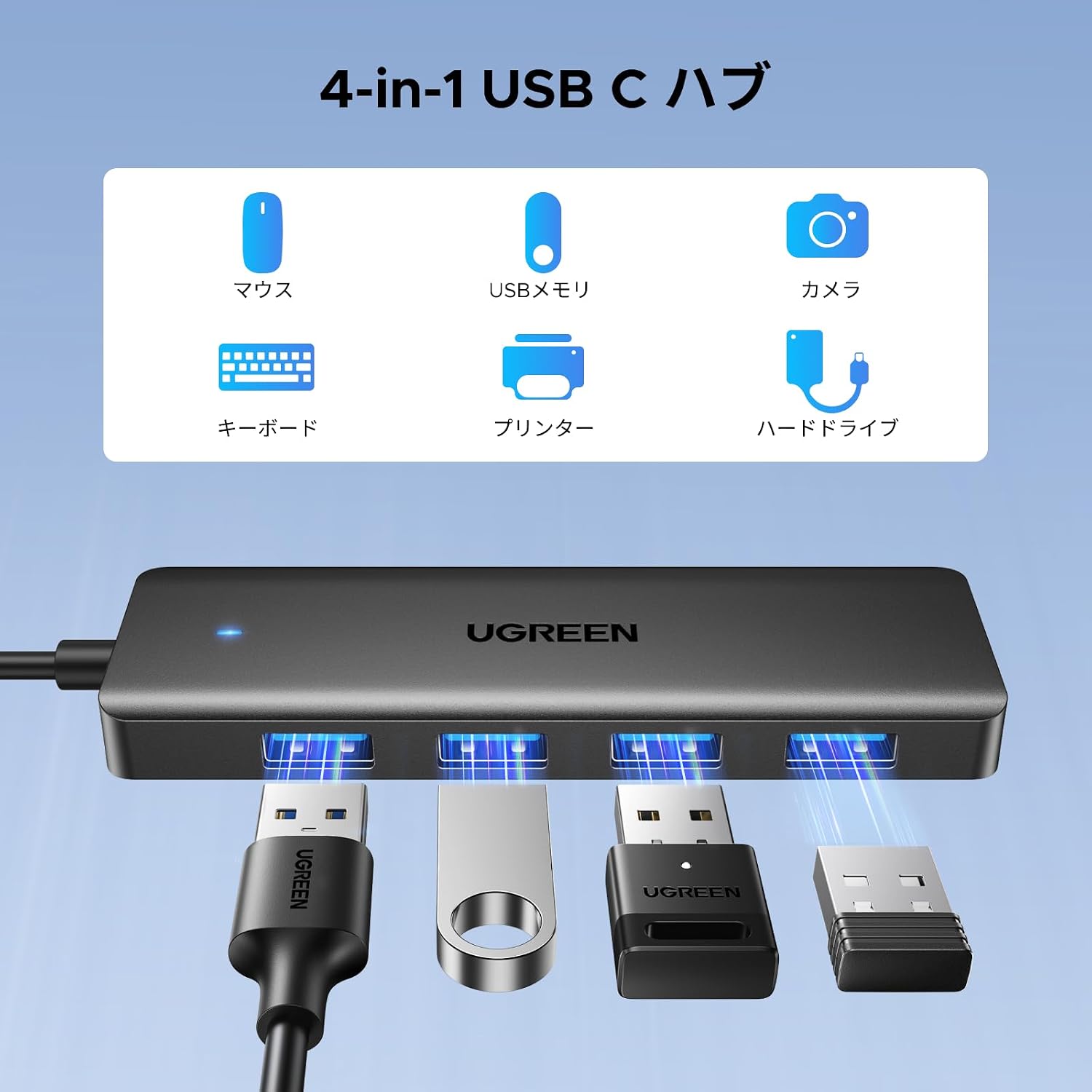 Detalle de UGREEN USB-C 4ポートハブ USB-A×4、最大5Gbps・アルミ筐体・15cm編組ケーブル