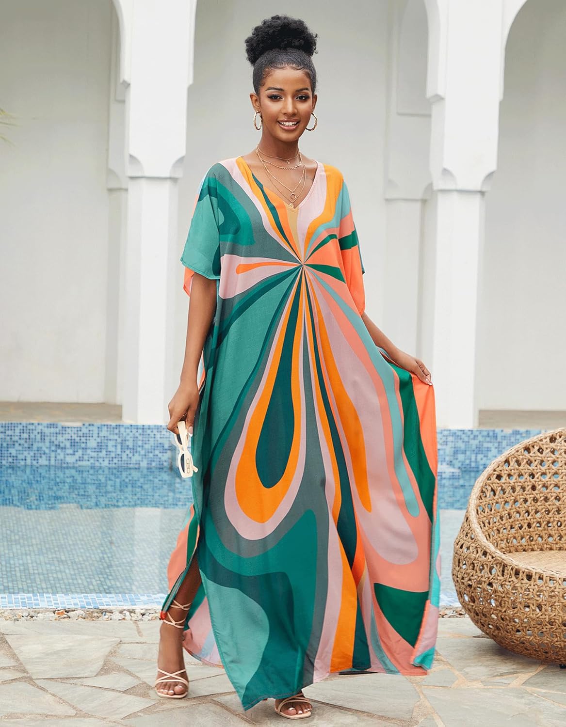 Detalle 2 de NFVNKJ Women’s Plus Size Beach Lounge Kaftan Maxi Dress Swimsuit Cover-Up