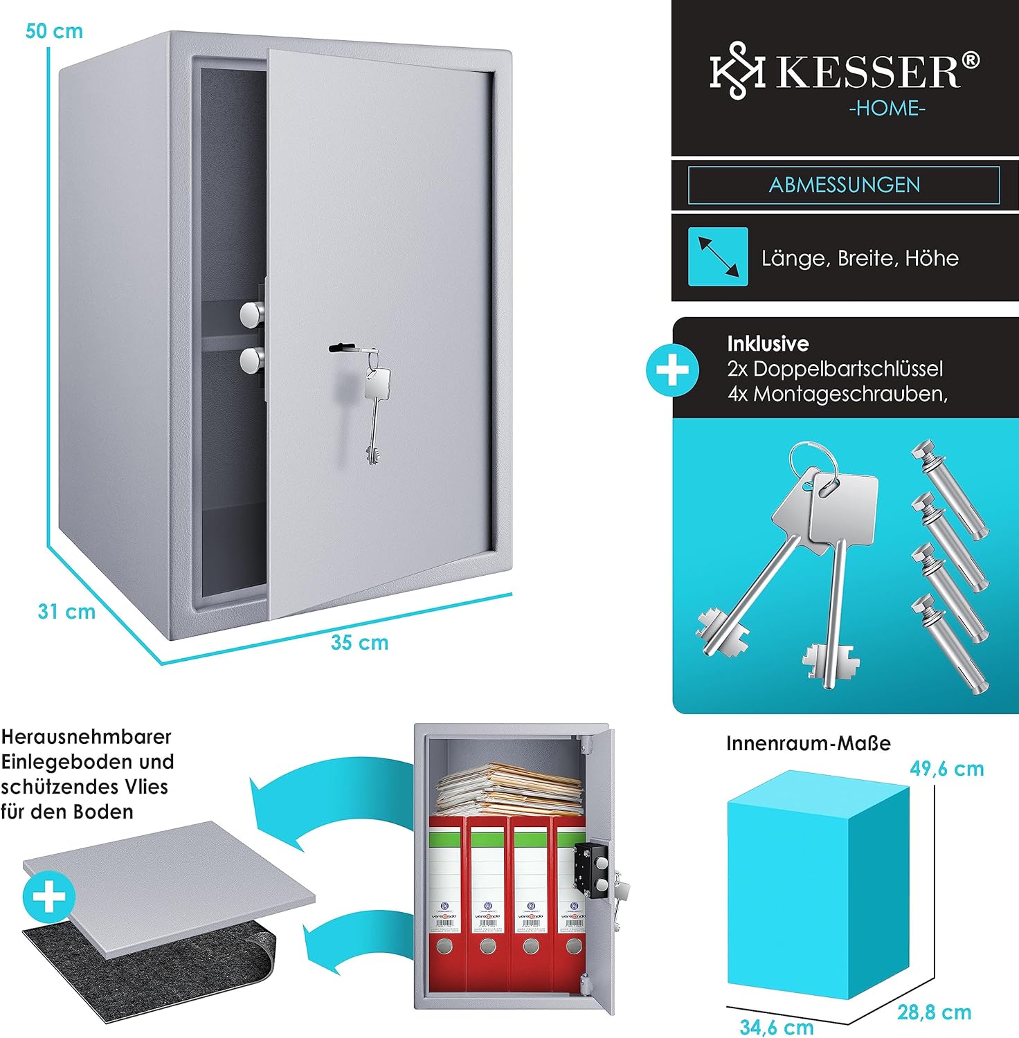 Thumbnail 6 de KESSER® Tresor Möbeltresor mit Doppelbartschloss – Boden- und Wandsafe 50×35×31 cm, inkl. 2 Schlüssel
