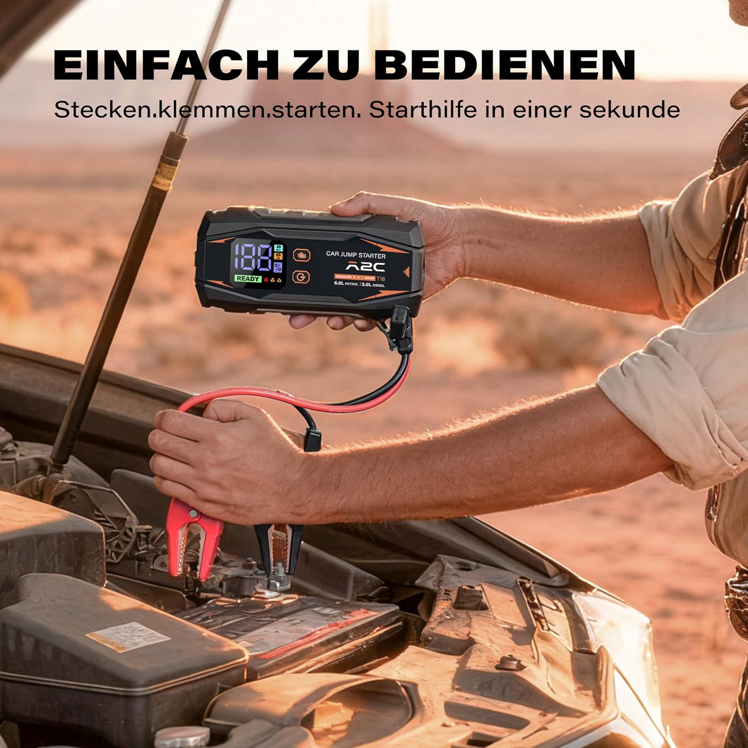 Detalle 2 de A2C Starthilfe Powerbank 12V – 16.800 mAh Jump Starter mit 3 USB, LED und Starthilfekabel