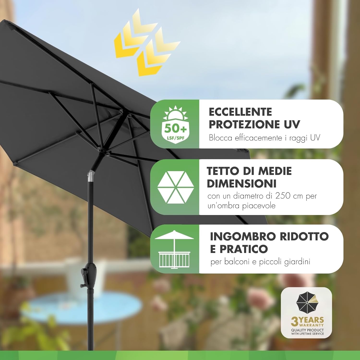 Thumbnail 1 de Doppler Parasole Jack 250 cm grigio rotondo: ombra elegante con manovella per balcone e terrazza