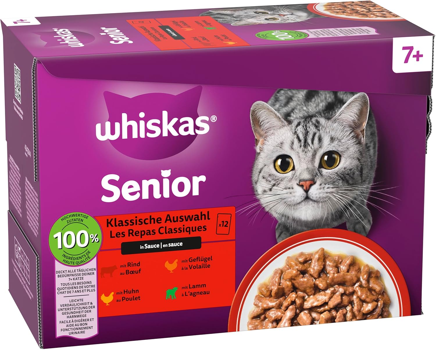 Detalle de Whiskas 7+ Katzenfutter Klassische Auswahl in Sauce – 12x85 g (4× Pack) für Katzen ab 7 Jahren