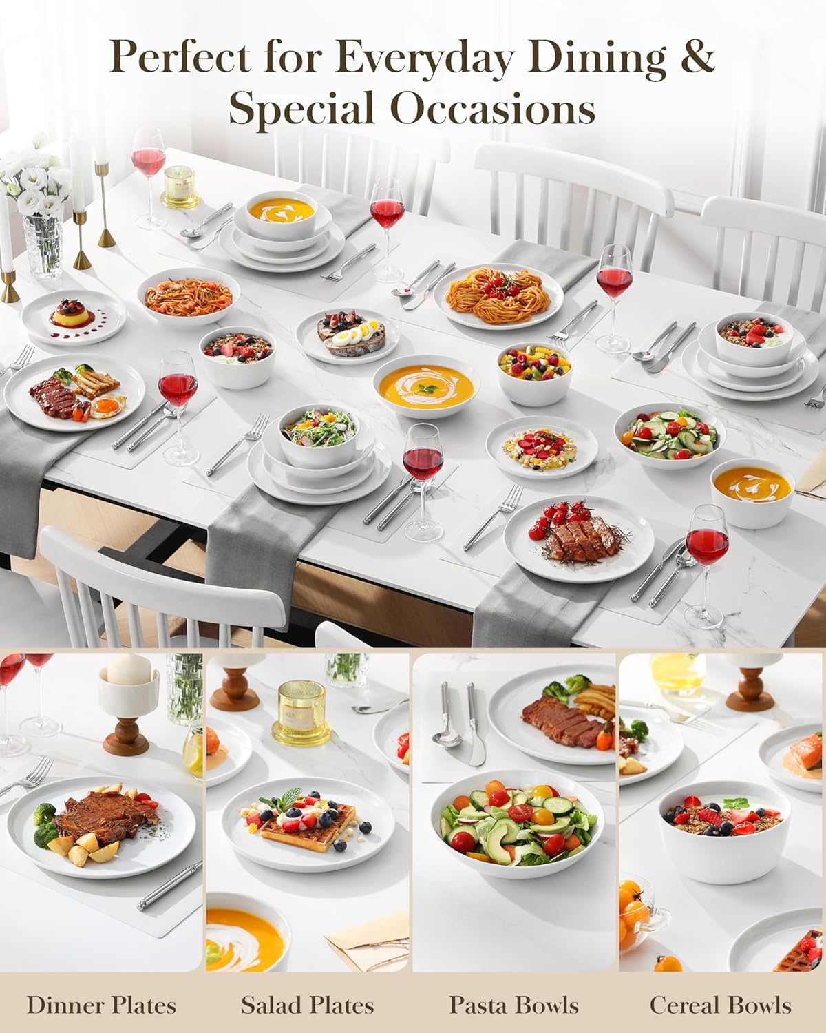 Thumbnail 4 de MALACASA LEXI 24-Piece Porcelain Dinnerware Set (White) with Plates & Bowls for 6