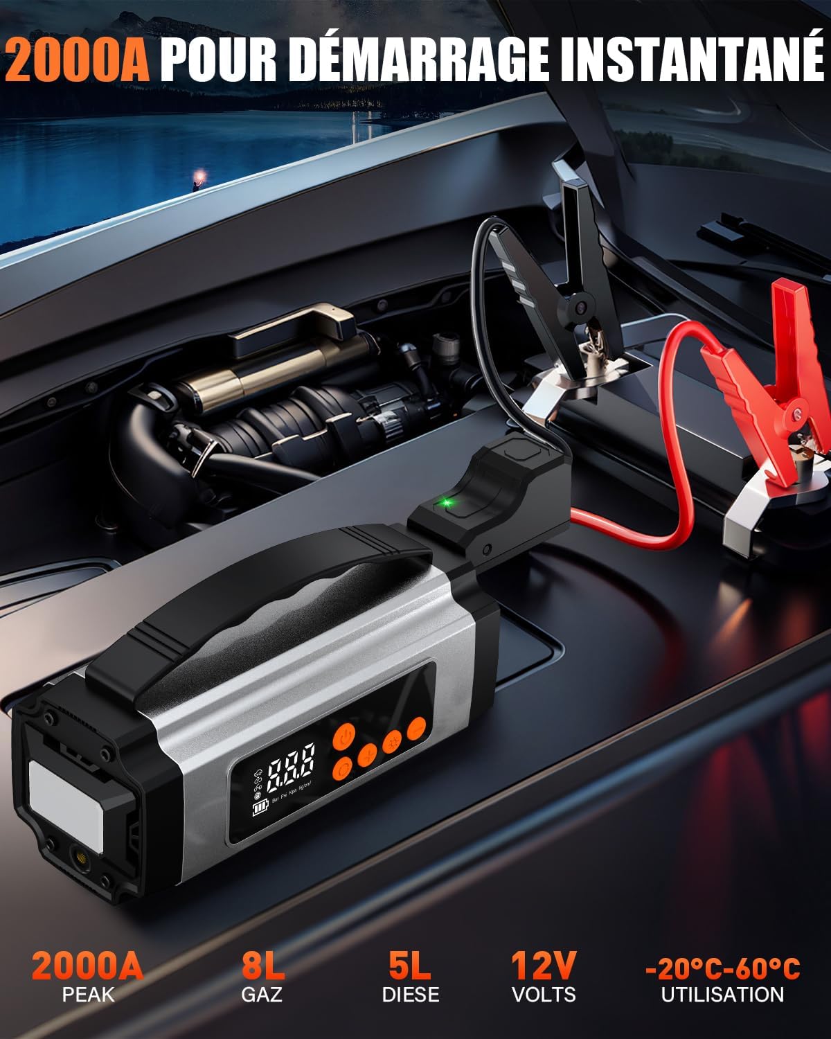 Thumbnail 1 de Onherm 7-en-1 Booster Batterie Voiture avec Gonfleur et Écran LCD – 2000A, 150 PSI