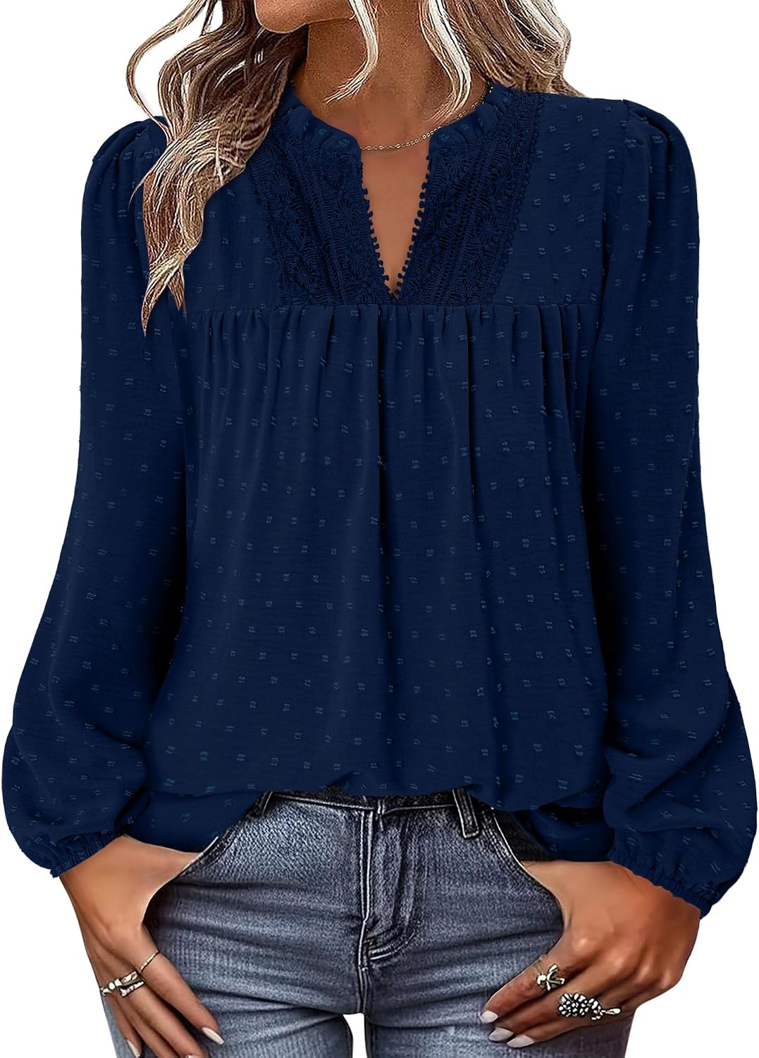 Detalle de onlypuff Women's V-Neck Swiss Dot Ruffle Tunic Top, Long Sleeves